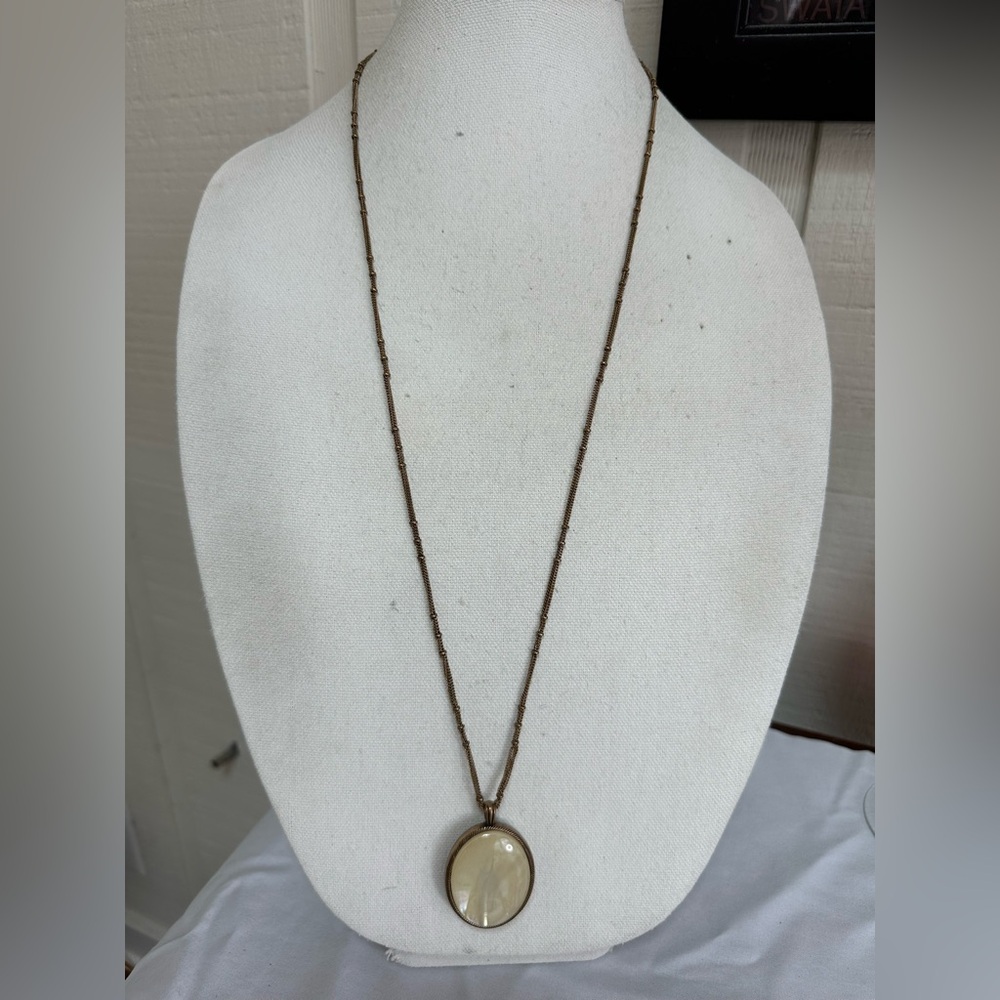Long Matte goldtone necklace with neutral locket style pendant
